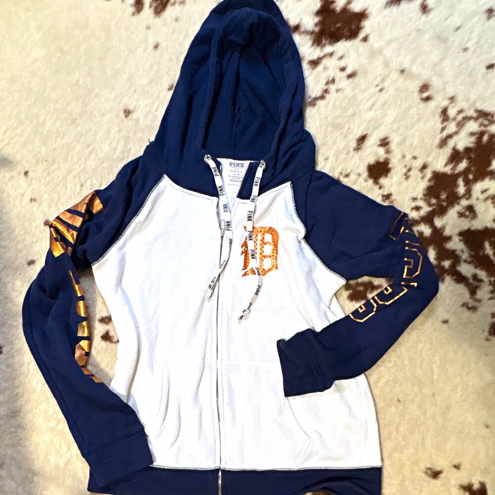Victoria's Secret PINK Detroit Tigers Colorblock Full Zip Fleece Hoodie M